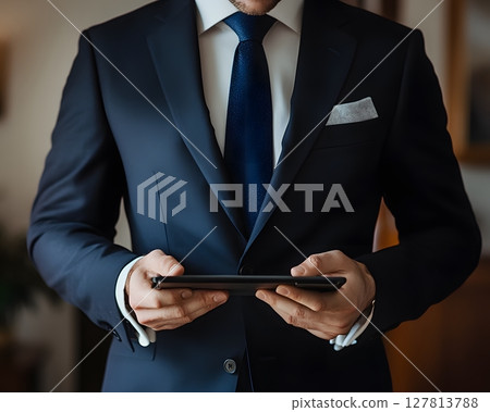 person using tablet and stylus for remote design work in bright room 127813788