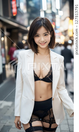 A glamorous woman in lingerie walking through the streets of Shibuya A glamorous woman in lingerie walking through the streets of Shibuya 127813791