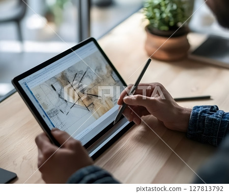 person using tablet and stylus for remote design work in bright room person using tablet and stylus for remote design work in bright room 127813792