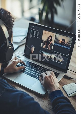 person attending webinar on laptop with notebook and headphones on wooden desk person attending webinar on laptop with notebook and headphones on wooden desk 127813795