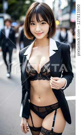 A glamorous woman in lingerie walking through the streets of Shibuya A glamorous woman in lingerie walking through the streets of Shibuya 127813800