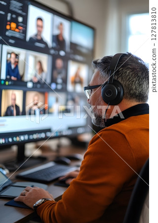 man wearing headset attending remote training course with slides on screen man wearing headset attending remote training course with slides on screen 127813810