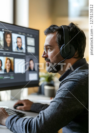 man wearing headset attending remote training course with slides on screen man wearing headset attending remote training course with slides on screen 127813812