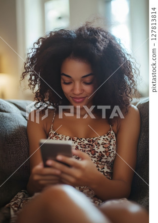 woman scheduling social media posts while lounging on couch woman scheduling social media posts while lounging on couch 127813814