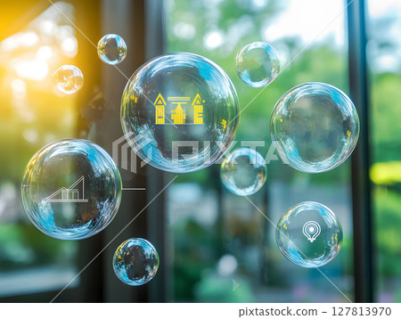 a concept of future financial dreams visualized by bubbles with icons 127813970