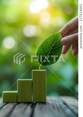 a hand placing a leaf on bar graph representing environmental progress 127814081