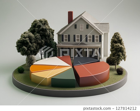 a financial pie chart labeled REITs beside house model 127814212