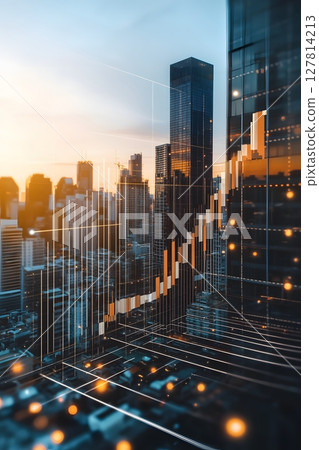 a modern high-rise next to rising bar chart and growth curve a modern high-rise next to rising bar chart and growth curve 127814213
