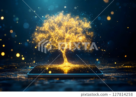 glowing tree of wealth branching from digital tablet glowing tree of wealth branching from digital tablet 127814258