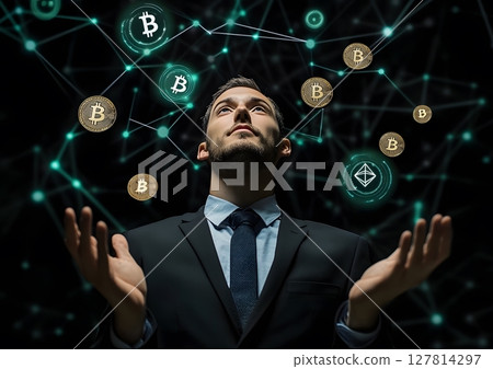a concept image of a businessman juggling bitcoin, ethereum, and graphs 127814297