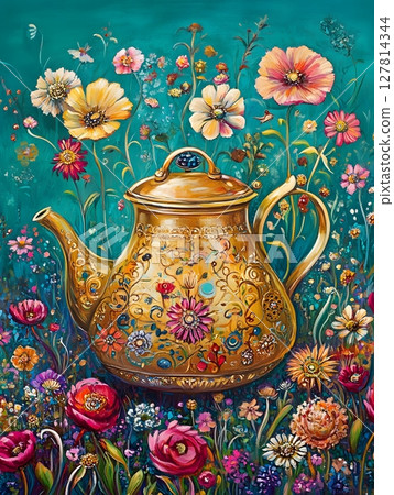 A_shimmering_golden_kettle_in_a_vibrant_meadow 127814344