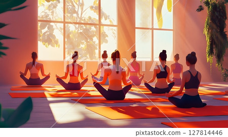 yoga class in sunlight diverse group peaceful studio wellness concept 127814446
