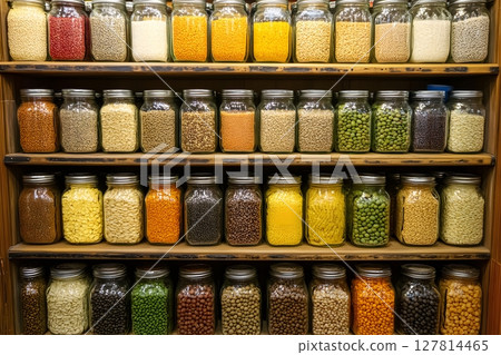 3D shelf of organic grains, seeds, and legumes in glass jars 127814465