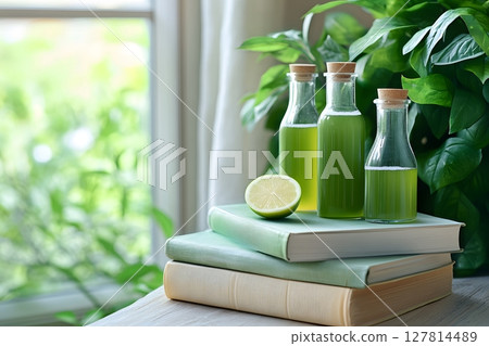 3D detox corner with health guidebooks and green bottles 127814489