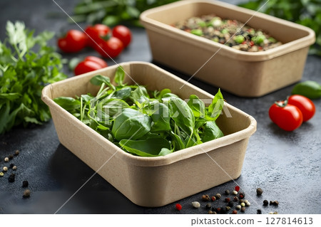 healthy food delivery packaging eco-friendly boxes fresh ingredients 127814613
