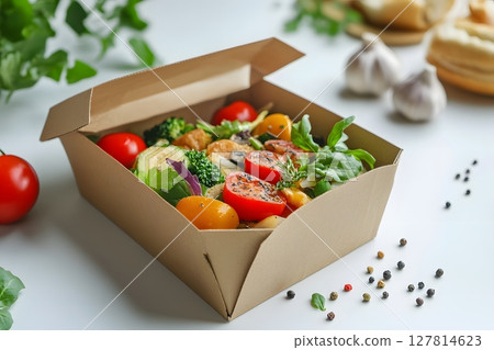 3D food delivery box with eco packaging and fresh organic meals inside 3D food delivery box with eco packaging and fresh organic meals inside 127814623