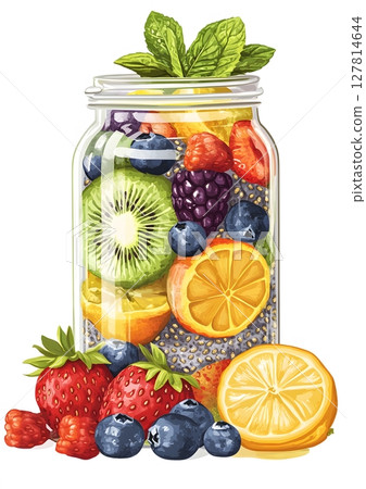 3D chia pudding in glass jar with layered fruits and mint leaf 127814644