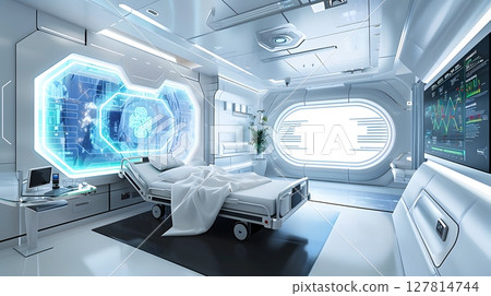 futuristic hospital room with digital health tracking display 127814744