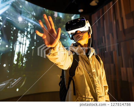 interactive quiz projected in mid-air using AR glasses 127814786