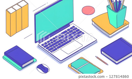 top view of workspace setup for virtual schooling including laptop, books, and stationery 127814860