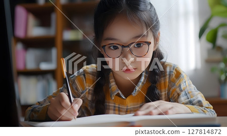 young girl writing in notebook while attending online class in cozy home study corner 127814872