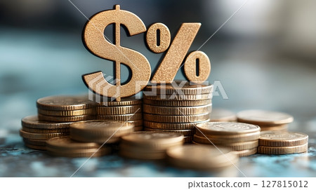 economic boom represented by rising percent sign and money pile, 127815012