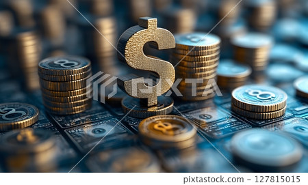 economic boom represented by rising percent sign and money pile, 127815015