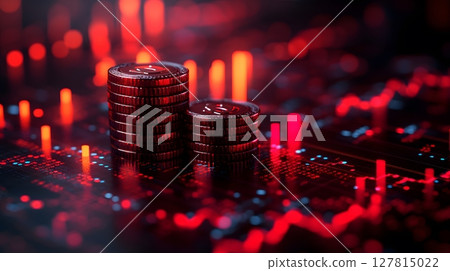 rising financial metrics, coin stack and red arrow up, business growth theme, 127815022