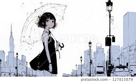 雨中行走的女人（簡單的顏色） 127815879