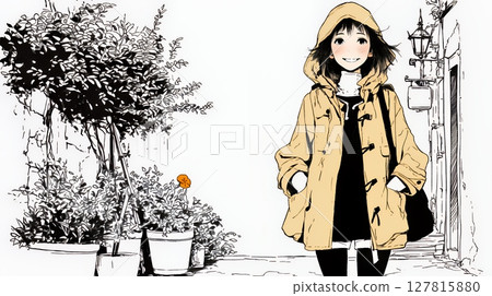 一位年輕女子穿著雨衣在突如其來的夏雨中行走（簡單的顏色） 127815880