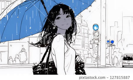 A woman walking in the rain (simple colors) 127815887