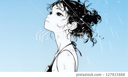 一位年輕女子在突如其來的夏雨中浸泡（簡單的顏色） 127815888