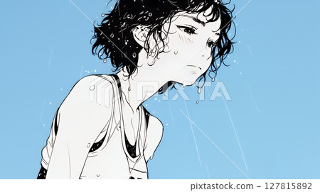 一位年輕女子在突如其來的夏雨中浸泡（簡單的顏色） 127815892