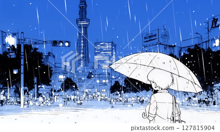 雨中行走的女人（簡單的顏色） 127815904