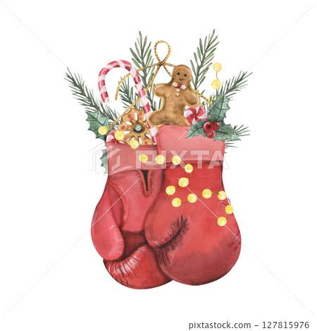 Watercolor Boxing Gloves with Festive Candy Pine Sprigs 127815976