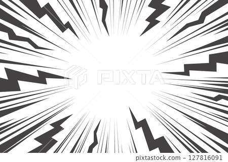 Cartoon comic background with lightning burst effect. Vector manga graphic with flash and abstract thunder. Energy explosion frame with electric light. Radial perspective monochrome beams 127816091