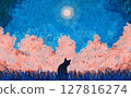 水彩背景材料靈感來自一片神秘的森林，一隻貓在滿月之夜邀請你 127816274