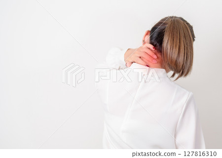 Business Woman having Neck pain for concepts of Neck Muscle Strain and Inflammation, Myofascial pain syndrome and Fibromyalgia, Rheumatism, Cervical Spine Spondylosis, Office Syndrome and Ergonomic Business Woman having Neck pain for concepts of Neck Muscle Strain and Inflammation, Myofascial pain syndrome and Fibromyalgia, Rheumatism, Cervical Spine Spondylosis, Office Syndrome and Ergonomic 127816310
