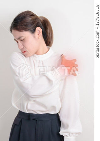 Business Woman having Shoulder Pain for Muscle Inflammation and Sprain, Myofascial ache syndrome and Fibromyalgia, Shoulder Myalgia, Scapular Tightness, Cervical Spine, Rheumatism and Office Syndrome Business Woman having Shoulder Pain for Muscle Inflammation and Sprain, Myofascial ache syndrome and Fibromyalgia, Shoulder Myalgia, Scapular Tightness, Cervical Spine, Rheumatism and Office Syndrome 127816318