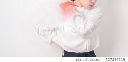 Business Woman having Shoulder Pain for Muscle Inflammation and Sprain, Myofascial ache syndrome and Fibromyalgia, Shoulder Myalgia, Scapular Tightness, Cervical Spine, Rheumatism and Office Syndrome 127816319