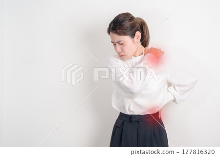 Business woman having back body ache for concepts of Back Muscle Strain, Piriformis Syndrome, Low Back Pain, Lumbar Disc Degeneration, Herniated, Osteoporosis, Spinal Compression and Office syndrome Business woman having back body ache for concepts of Back Muscle Strain, Piriformis Syndrome, Low Back Pain, Lumbar Disc Degeneration, Herniated, Osteoporosis, Spinal Compression and Office syndrome 127816320