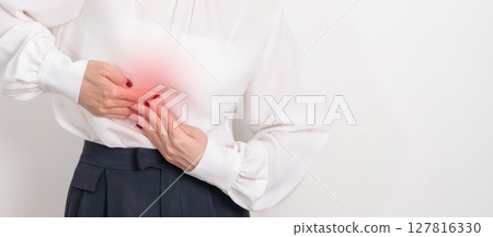 Business Woman having Liver pain for Liver disease, cancer and Tumor, Jaundice, Viral Hepatitis A, B, C, D, E, Cirrhosis, Failure, Enlarged, Hepatic Encephalopathy, Ascites Fluid in Belly and health 127816330