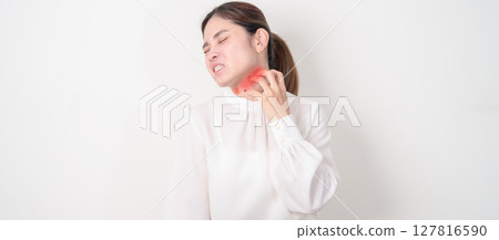 Business woman itching Neck and body scratching for Skin Allergy from insect bite and food dermatitis. Dermatology, Leprosy day, Systemic lupus erythematosus, Psoriasis, Urticaria and rash Eczema Business woman itching Neck and body scratching for Skin Allergy from insect bite and food dermatitis. Dermatology, Leprosy day, Systemic lupus erythematosus, Psoriasis, Urticaria and rash Eczema 127816590