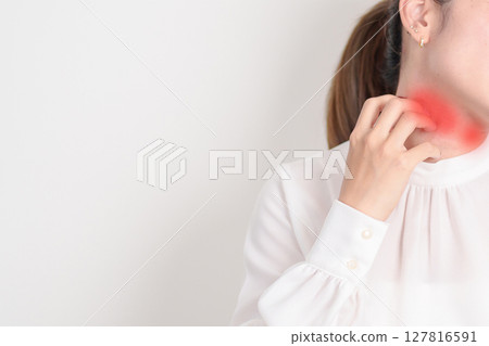 Business woman itching Neck and body scratching for Skin Allergy from insect bite and food dermatitis. Dermatology, Leprosy day, Systemic lupus erythematosus, Psoriasis, Urticaria and rash Eczema Business woman itching Neck and body scratching for Skin Allergy from insect bite and food dermatitis. Dermatology, Leprosy day, Systemic lupus erythematosus, Psoriasis, Urticaria and rash Eczema 127816591