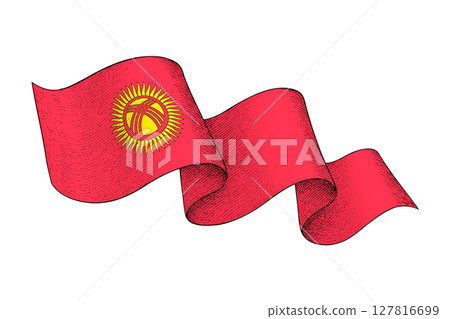 Kyrgyzstan flag with wavy ribbon shape and engraved texture 127816699