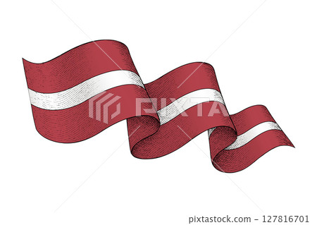 Latvia flag with wavy ribbon shape and engraved texture 127816701