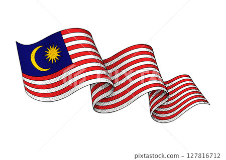 Malaysia flag with wavy ribbon shape and engraved texture 127816712