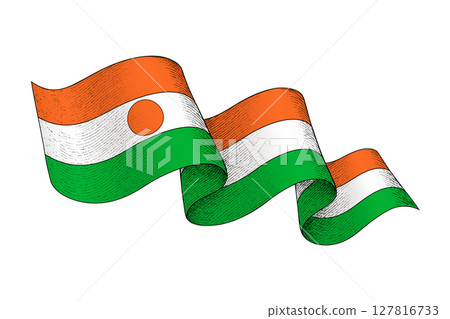 Niger flag with wavy ribbon shape and engraved texture 127816733