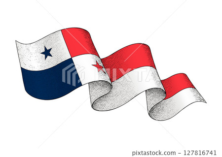 Panama flag with wavy ribbon shape and engraved texture 127816741