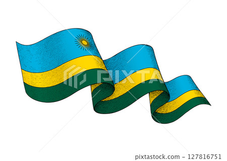 Rwanda flag with wavy ribbon shape and engraved texture 127816751